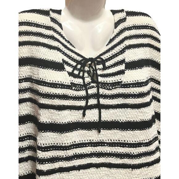 Mango Women's Black/White Striped Boho Lace-Up 100% Cotton Cape Sweater Sz S - Picture 3 of 7